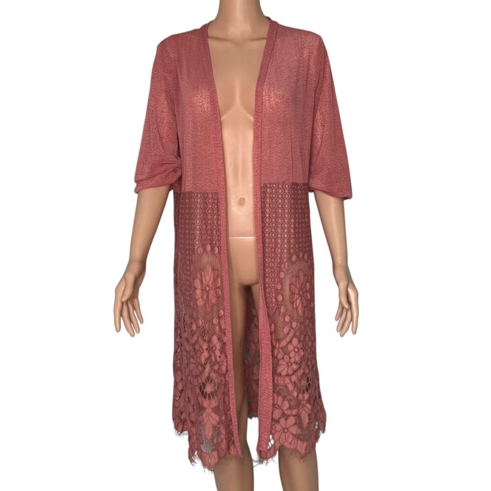 Ember Women's Dusty Rose Open Front Lace Hem Kimono Cardigan - Size M - Picture 3 of 3
